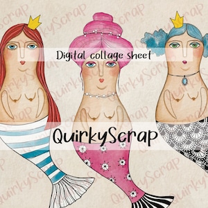 Kit Ephemera vintage del diario spazzatura delle sirene, foglio di collage per la creazione di cartoline con sirene stravaganti, diario d'arte Volto eccentrico, carta digitale