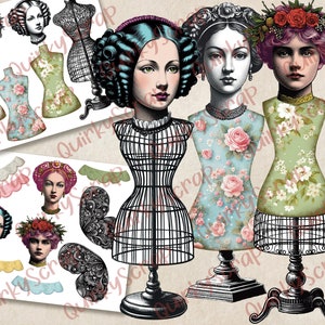 Shabby Chic Dress Form Collage Sheet, Art Journal Whimsical Girl Ephemera, Articulated Paper Doll Digital Collage Paper, Altered Art /5