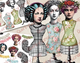 Shabby Chic Dress Form Collage Sheet, Art Journal Whimsical Girl Ephemera, Articulated Paper Doll Digital Collage Paper, Altered Art /5