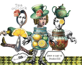 Tea Time Whimsical Paper Doll Collage Sheet, Articulated paper doll digital altered art, Digital collage sheet junk journal page scrapbook