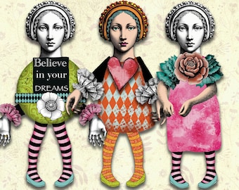 Whimsical Paper Doll Collage Sheet, Articulated paper doll digital altered art, Digital collage sheet junk journal page scrapbook diary 1