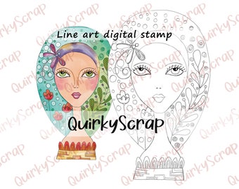 Digital Stamp Whimsical Girl Face Card Making Doodle LINE ART, Doodles Illustration Lineart, Fairy Girl Digi Stamp, Quirky Stamp