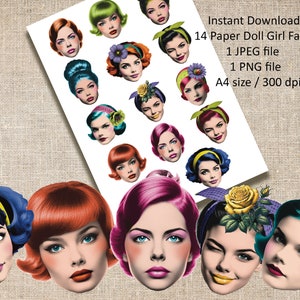 Rostos de bonecas de papel digitais, folhas de colagem de arte alteradas de bonecas de papel articuladas, rostos de corte extravagantes de bonecas de papel extravagantes, cabeças vintage femininas 11