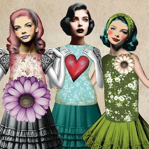 May include: Three women in vintage style dresses with floral patterns. The woman on the left is wearing a black dress with a large purple flower, the woman in the middle is wearing a blue dress with a red heart, and the woman on the right is wearing a green dress with a white flower.