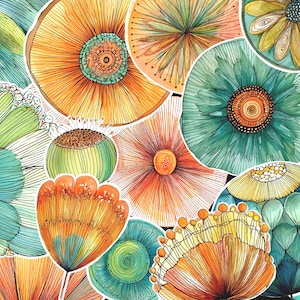 May include: A collection of circular stickers featuring intricate watercolor illustrations of stylized flowers and botanical patterns in vibrant shades of orange, teal, green, and yellow, with fine ink line details throughout the various floral designs.