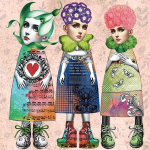 Flower Girls Whimsical Paper Doll Parts Mix and Match Collage Sheet, Printable Paper toy Kit Junk Journa Digital Collage Print Sheets  12