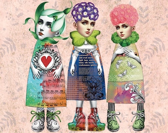 Flower Girls Whimsical Paper Doll Parts Mix and Match Collage Sheet, Printable Paper toy Kit Junk Journa Digital Collage Print Sheets  12