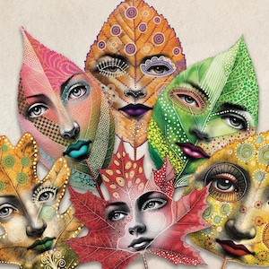 May include: A colorful illustration of six autumn leaves with intricate details and faces. Each leaf is a different color and shape, with a unique design and expression. The leaves are arranged in a cluster, creating a vibrant and whimsical scene.