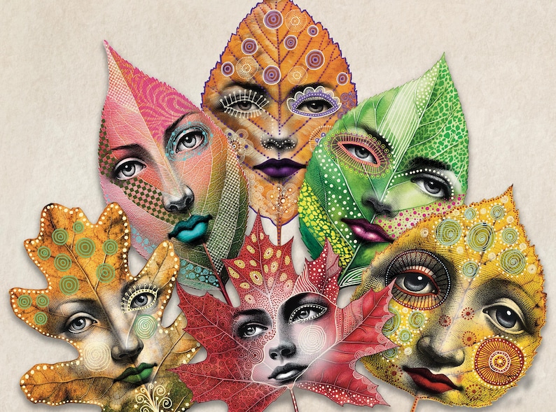 May include: A colorful illustration of six autumn leaves with intricate details and faces. Each leaf is a different color and shape, with a unique design and expression. The leaves are arranged in a cluster, creating a vibrant and whimsical scene.