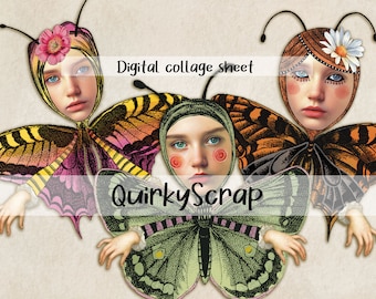 Quirky Butterflies Junk Journal Vintage Ephemera Kit, Whimsical Butterfly Scrap Making Card Macing Faces Collage Sheet, Art journal face.