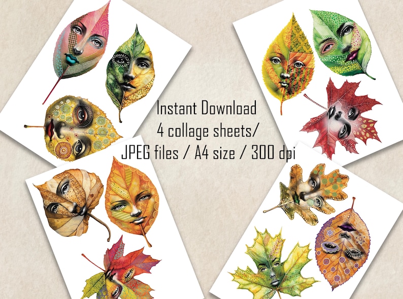 May include: Four digital collage sheets featuring colorful autumn leaves with faces. Each sheet is A4 size and 300 dpi. Instant download, JPEG files.