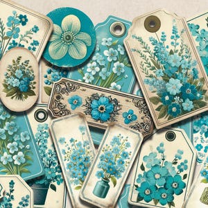 Forget Me Not Printable Labels Tags Tickets Junk Journal Vintage Ephemera Labels, Fussy Cuts Botanical Blue Flowers Plant Cards Floral tag 4