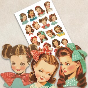Paper Doll Girl Faces, Articulated Paper Doll Altered Art Collage Sheet, Whimsical Paper Doll Fussy Cut Heads Vintage Retro Girl Faces 34