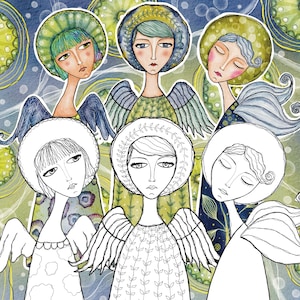 Digital Stamp Whimsical Angels Junk Journal Doodles, Hand Drawn Angels, Art Samps Angel Fairy Girl, Line Art Quirky Stamp Clip Art3