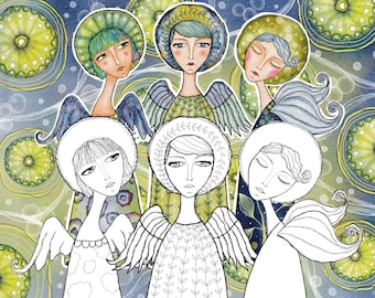 Digital Stamp Whimsical Angels Junk Journal Doodles, Hand Drawn Angels, Art Samps Angel Fairy Girl, Line Art Quirky Stamp Clip Art3