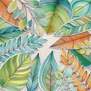 May include: A collection of illustrated leaves in various shapes and sizes, featuring a colour palette of teal, green, yellow, and orange. Each leaf displays intricate line work, patterns, and watercolour textures with a distinct white border.