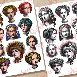 PAPER DOLL Faces Altered Art, Printable Fussy Cut Girl Faces, Collage Heads, Printable Digital Girl Faces, Chenille Doll faces 10