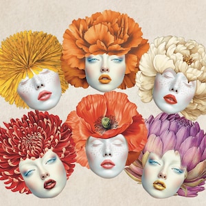 Flower Head Paper Doll Faces, Quirky Eccentric Faces Altered Art Collage Sheet, Whimsical People Fussy Cuts Faces Flower Girl Heads 26