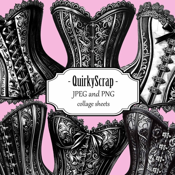 Gothic Corsets Clipart, Black and White PNG Illustration, Junk Journal Fuzzy Cut, Gothic Black Lace Corset Collage Sheet, leather corset