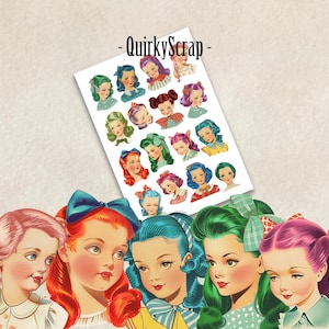 Paper Doll Girl Faces, Articulated Paper Doll Heads Altered Art Collage Sheet, Whimsical Paper Doll Fussy Cuts Vintage Retro Girl Faces 34