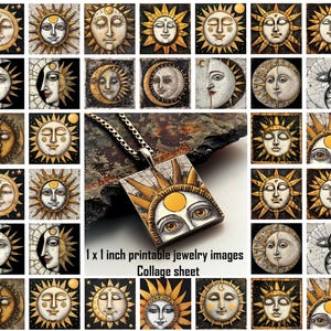 May include: A collage sheet of 25 printable 1x1 inch jewelry images featuring sun and moon faces with gold accents. The images are perfect for creating unique jewelry pieces.