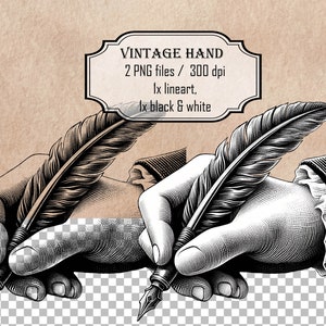 Superposiciones gráficas vintage: mano con pluma, clipart de mano antigua, gráfico vintage antiguo en blanco y negro, superposiciones PNG de clip art de hombre