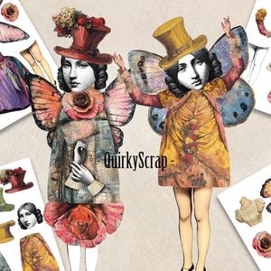 Fille fantaisiste PAPILLON, ailes de papillon modifiées Clip Art, numérique vintage lunatique visages décalés papillons coupes difficiles Collage feuille 33