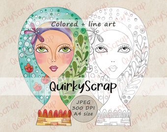Whimsical Girl Fairy Face, Junk Journal Quirky Scrap Page, Ephemera Card Making Collage Sheet, Art journal Digital paper, Digital Stamp JPEG
