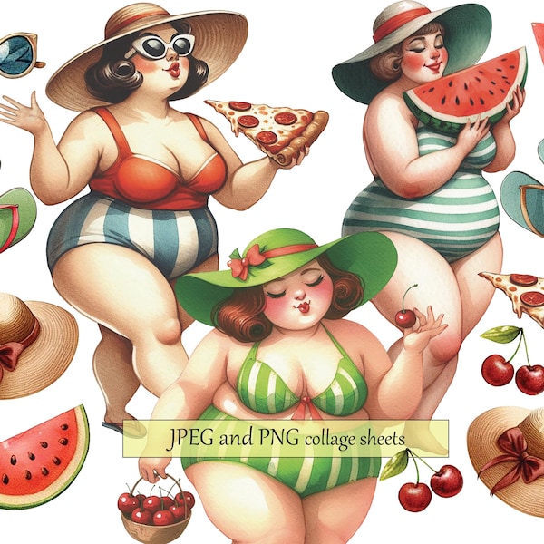 Curvy Women in Swimsut Plus Size Girl PNG Image, Plus Size Woman Graphic, Girl in swimweare, Free Commercial Use, Summer Beach Collage sheet