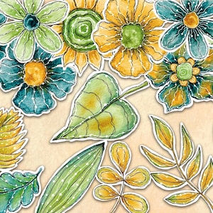 May include: Watercolor floral and leaf stickers in shades of teal, green, and yellow. The stickers feature various flower and leaf designs with white outlines, perfect for scrapbooking or crafting projects.