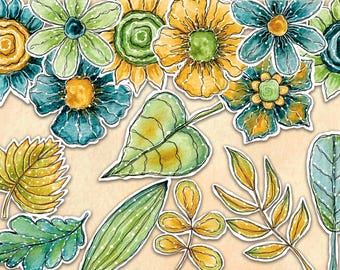 Botanical Leaves Flowers Junk Journal Fussy Cuts Nature Ephemera Scrapbooking Plants Collage Fodders Mixed Media leaf Hand Painted ClipArt 2