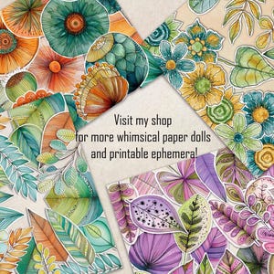 May include: A collection of printed paper sheets featuring hand-drawn illustrations of colorful flowers and leaves in shades of orange, teal, green, yellow, and purple. The text in the center reads: Visit my shop for more whimsical paper dolls and printable ephemera!