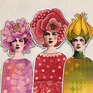 May include: Three portraits of women with floral headdresses. The women have pale skin, dark red lips, and rosy cheeks. The headdresses are a pink peony, a red poppy, and a yellow tulip. The women are wearing dresses in coordinating colours.