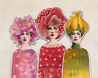 Junk Journal Paper Dolls Whimsical Girl Mixed Media Journal Faces Flower Heads Collage Sheet Hand Painted Scrapbooking Articulated Dolls 50