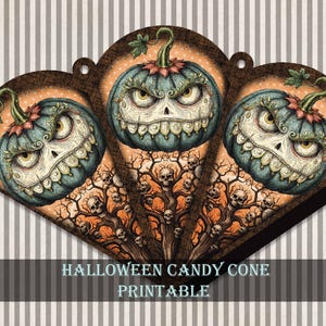 May include: A printable Halloween candy cone featuring three teal pumpkins with angry faces and wide, toothy grins. The design includes a background of bare, dark trees filled with small skulls. The text reads HALLOWEEN CANDY CONE PRINTABLE.
