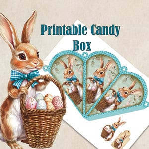 May include: An illustration of a brown bunny wearing a blue bow tie, holding a basket of Easter eggs. The image also features a printable candy box with bunny and egg designs. Text reads "Printable Candy Box."