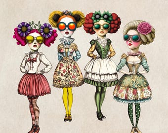Bambole di carta, tagli retrò da donna, effimeri digitali, stampe vintage, immagini di diario spazzatura, kit di adesivi per album, foglio collage 41