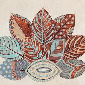 May include: A collection of stylised leaves arranged in a cluster, featuring intricate patterns of dots, lines, and small floral motifs in shades of rust orange, light blue, and cream, creating a detailed botanical illustration on a textured background.