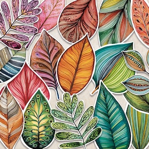 May include: A collection of die-cut stickers featuring various leaf shapes in a vibrant palette of orange, teal, green, pink, and brown. Each leaf displays intricate line work, patterns, and textures, including stripes, dots, and veins.