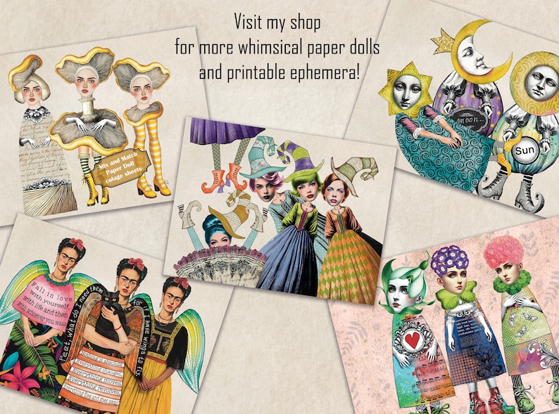 Frida's Quotes Paper Doll Collage Sheet Articulated Mexican Art Doll, Jointed doll Instant Download Art DIY Sheets, Junk Journal Ephemera 18 image 3