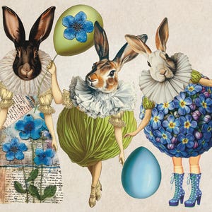 Fogli di collage di bambole di carta di coniglio pasquale, coniglietto stravagante, bambola di carta articolata, diario di scarto, animali, tagli fussy, foglio di collage stampabile 20