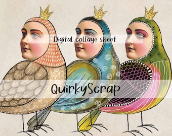 Quirky Birds Junk Journal Vintage Ephemera Kit, Whimsical Bird Scrap Making Card Making Faces Collage Sheet, Art journal face, Birds Clipart