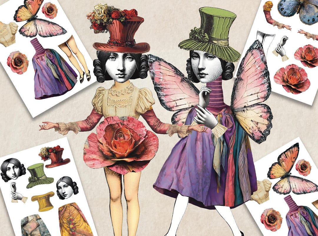 WHIMSICAL BUTTERFLY Paper Doll Collage Sheet, Articulated Paper
