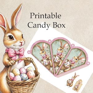 Puede incluir: Ilustración en acuarela de un conejo marrón con pajarita rosa sosteniendo una cesta de huevos de Pascua. La imagen incluye un diseño de caja de caramelos imprimible con gráficos de conejos y huevos. El texto dice "Printable Candy Box."