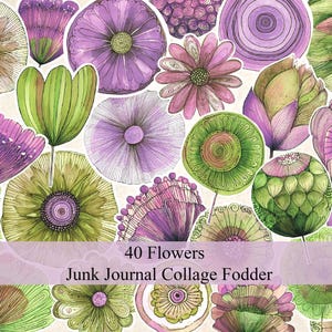 May include: A collection of 40 illustrated flowers in shades of purple and green, designed as junk journal collage fodder. The artwork features various floral shapes with intricate line details, layered together in a dense, colorful composition.