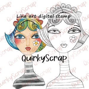 Cyfrowy znaczek Whimsical Girl Face Card Making Doodle LINE ART, Doodles Illustration Lineart, Fairy Girl Digi Stamp, Quirky Stamp