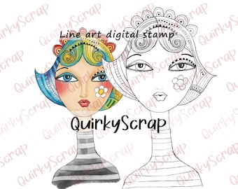 Digital Stamp Whimsical Girl Face Card Making Doodle LINE ART, Doodles Illustration Lineart, Fairy Girl Digi Stamp, Quirky Stamp