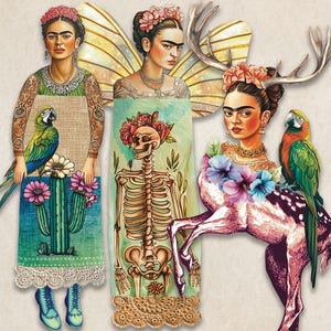 Whimsical Frida Paper Doll Collage Sheet Articulated Mexican Art Doll, Instant Downlload Mix and Match Fussy cuts, Junk Journal Ephemera 31