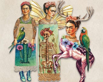 Whimsical Frida Paper Doll Collage Sheet Articulated Mexican Art Doll, Instant Downlload Mix and Match Fussy cuts, Junk Journal Ephemera 31
