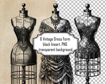 Victoriaanse jurk vorm overlays Clipart, vintage illustratie, digitale download, antieke etalagepoppen PNG, zwart-wit naaien illustraties